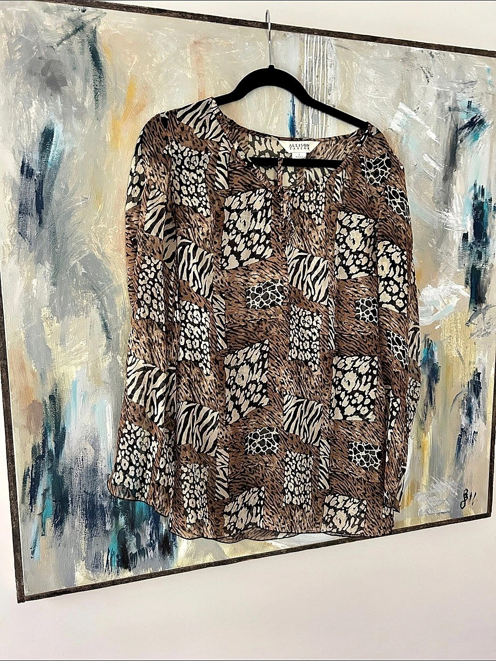 Vintage Allison Taylor Silk Animal Print Tunic in Brown & Black Size Small EUC